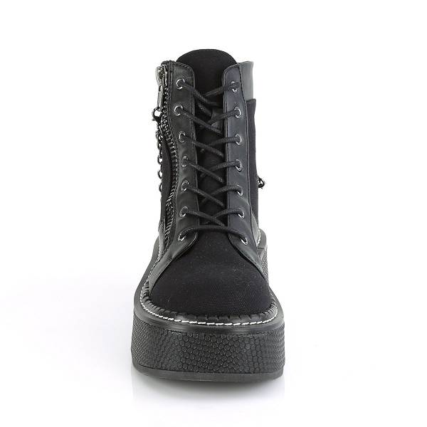 Demonia Women's Emily-114 Platform Ankle Boots - Black Canvas/Vegan Leather D5147-20US Clearance